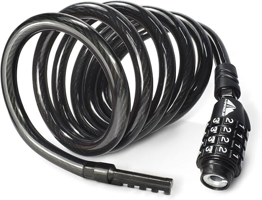 MARQUE Combination Bike Lock Cable- 3/8 inch (5FT, 10FT, 15FT, 25FT) Resettable Combination Lock, Anti-Theft Coiled Secutiry Cable for Bicycles, Kayaks, Paddle Boards, Gates and Outdoor Gear (5 FT)