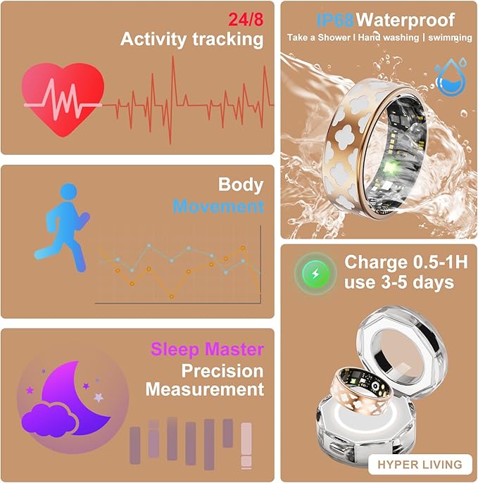 Smart Ring Health Tracker, Sleep Tracker Ring with Heart Rate, Waterproof Fitness Ring for Activity Monitoring/Steps/Distance/Calories, Air Gesture (8)