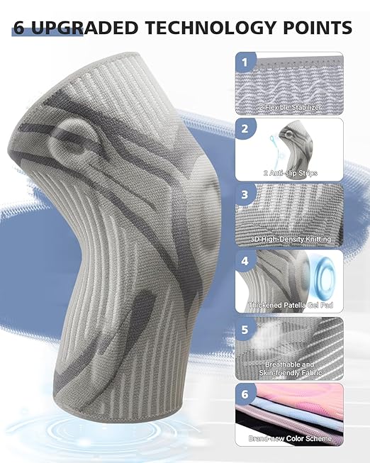 Knee Compression Sleeve, Knee Brace for Men & Women, Knee Support for Running, Basketball, Workout, Gym, Hiking, Sports, Gray, XX-Large