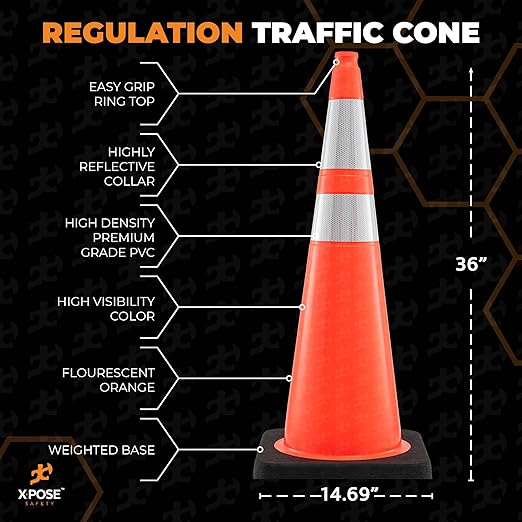 Xpose Safety 36 Inch Orange Traffic Cones Heavy Duty 12lb with 6" & 4" Collars, 4 Pack - Multipurpose PVC Plastic Safety Cone for Parking, Soccer, Caution, Kids and Construction - DOT Approved