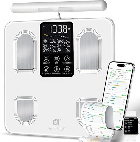 Arboleaf Scale for Body Weight, Smart Scale with BMI, Body Fat, Muscle Mass, 26 Metrics Full Body Composition Analyzer, 8-Electrode High Precision Digital Bathroom Scale, Bluetooth Sync, White