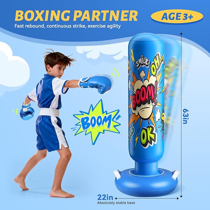 Inflatable Punching Bag for Kids 3-12, Boxing Equipment for Kids and Adults, Christmas, Birthday Gifts, Punching Bag Practice Karate, Taekwondo