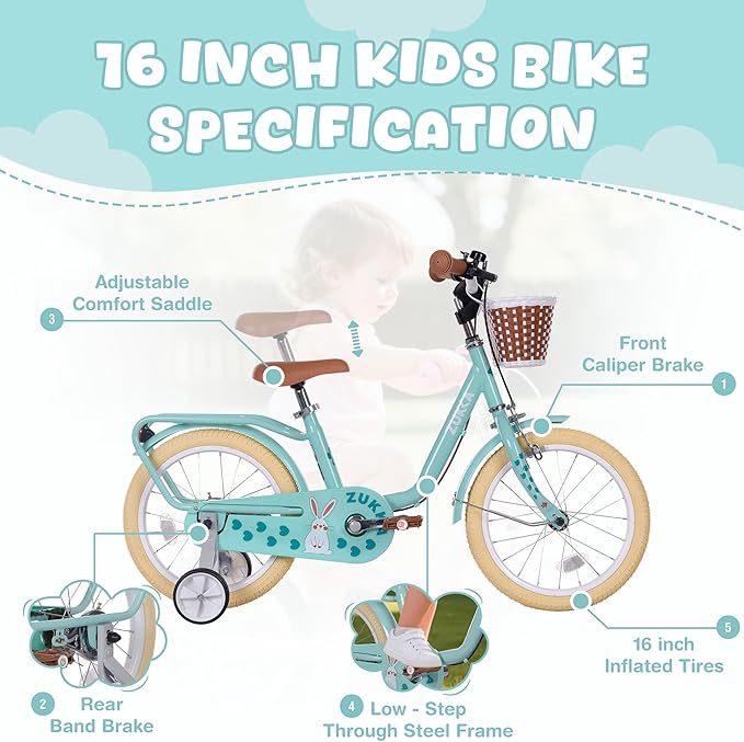 Kids Bike 16 inch Boys Girls Ages 4-7 Years Old Cruiser Bicycle with Woven Basket Single Speed for Youth Caliper Brake Band Brake Rear Rack Included Multiple Colors