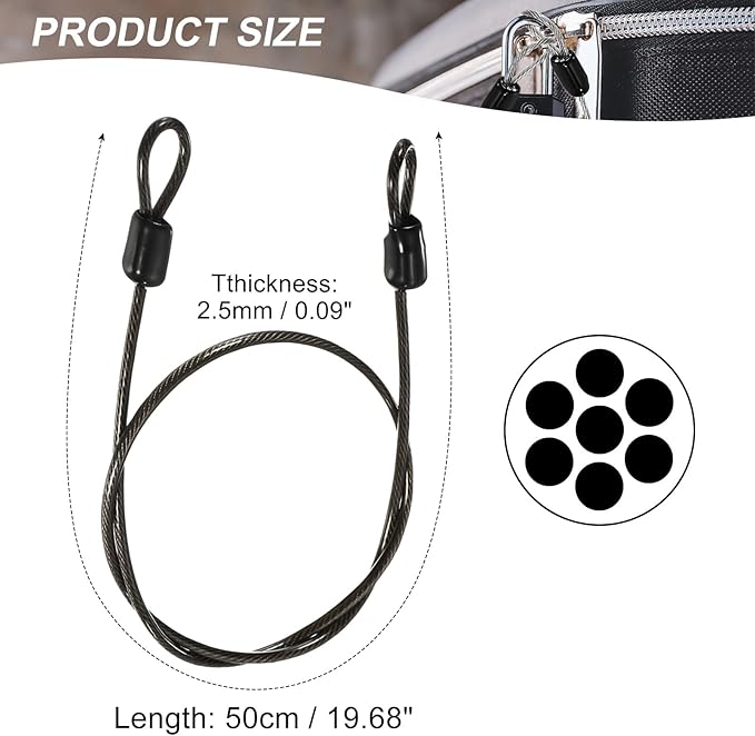 MECCANIXITY Security Steel Cable Lock, Safety Cable Flexible Wire Rope Luggage Lock 1.6feet 2.5mm Vinyl Coated Braided Steel with Double Loop for Bike Bicycle U-Lock Padlock Grey