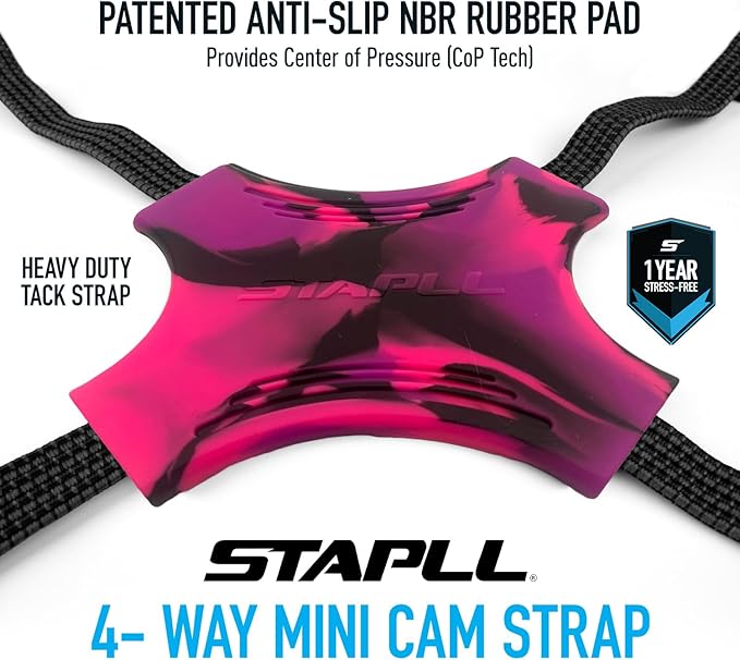 Tack Strap – 4-Way Flat Bungee Cord with Rubber Pad Grip, Non-Slip Tie Down Straps for Motorcycle, ATV, Kayak, Cycling, Camping, Truck Storage, Adjustable Bungee Cords - 2 Pack (Black & Pink)