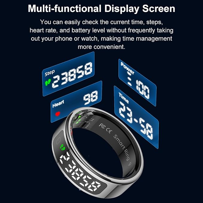 Loluka Smart Ring Touch Control Fitness Tracker Fitness Ring Step Tracker Heart Rate Monitor Health Tracker Screen Display Prayer Count No Subscription Fee for Android iOS