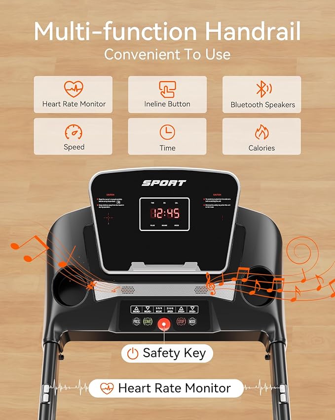 Treadmill for Home, 3.0HP Folding Treadmill with Incline, 300 lbs Capacity, Bluetooth & Heart Rate Sensor, Space-Saving Design
