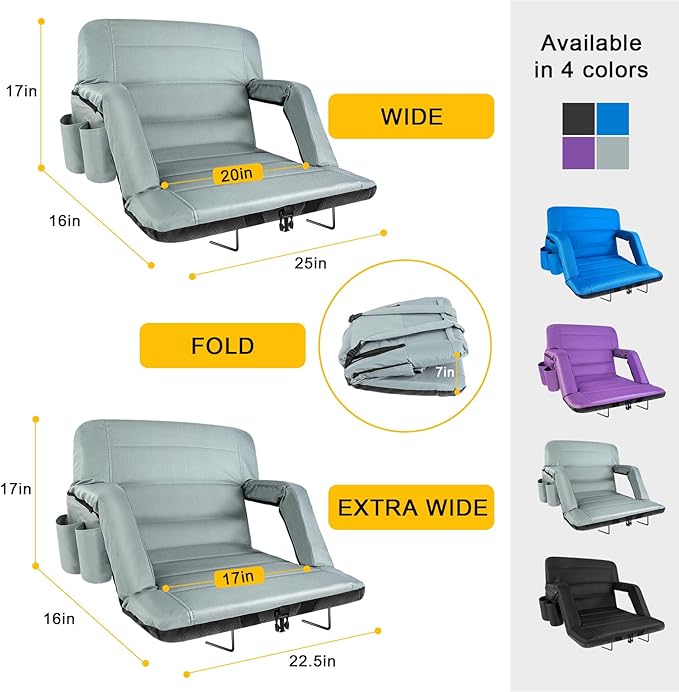 Extra Wide Stadium Seats with Back Support, Exclusive Bleacher Chairs with Back and Cushion Folding Stadium Chairs, 6 Reclining Positions Waterproof Bleacher Seats (Extra Wide|25" Grey)