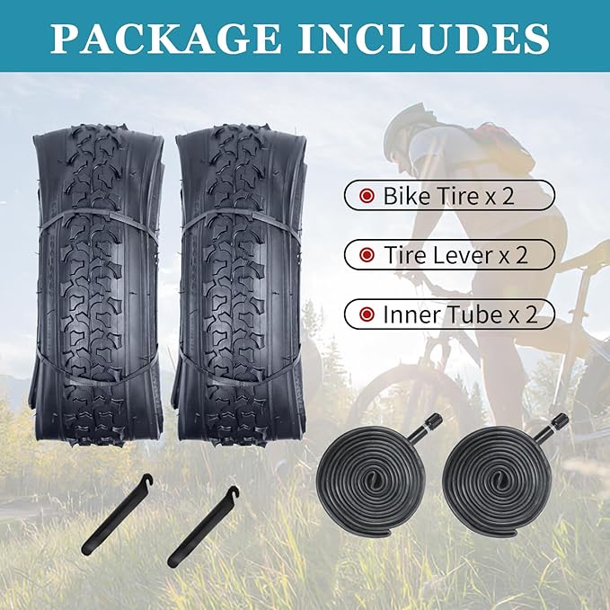 Mountain Bike tire, 24x1.95/26x1.95 Folding Replacement Bicycle Tires with Tire Levers and Tire Tubes, 24''/26'' Mountain Bicycle Tire for MTB Off-Road Bicycle Cycling