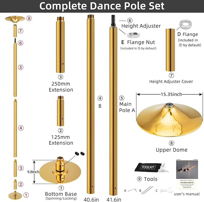 PRIOR FITNESS Premium Dance Pole Removable 45mm Spinning & Static Dancing Pole Heavy-Duty Steel Pole Dancing Pole, Adjustable Height Professional Grade Excellent for Home Exercise Club Gym