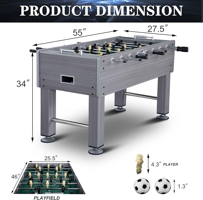 Large Size Foosball Table Adult Size, Full Size Soccer Game Table w/2 Balls, Leg Levelers & Heavy-Duty Legs, Durable Arcade Football Table for Game Room, Home, Office, Party