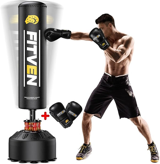 FITVEN Freestanding Punching Bag with Boxing Gloves Heavy Boxing Bag with Suction Cup Base - Men Stand Kickboxing Bag