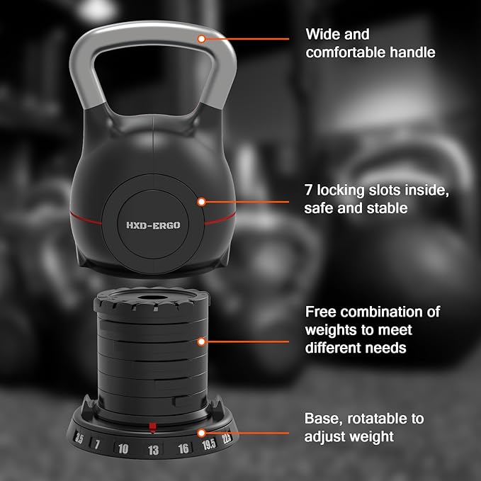 Adjustable Kettlebell Weight Set-Quickly Adjusts 7 Weights,Ergonomic kettlebell sets for Home Gym