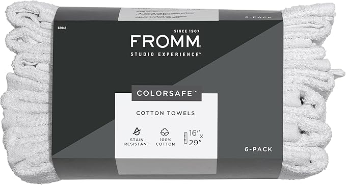 Fromm ColorSafe 100% Cotton Bleach Proof Salon Hair Towels for Hairstylists, Barbers, Spa, Gym in White, 16" by 29", 6 Count Absorbent Stain Resistant Towels for Drying Curly, Long, Wavy Hair