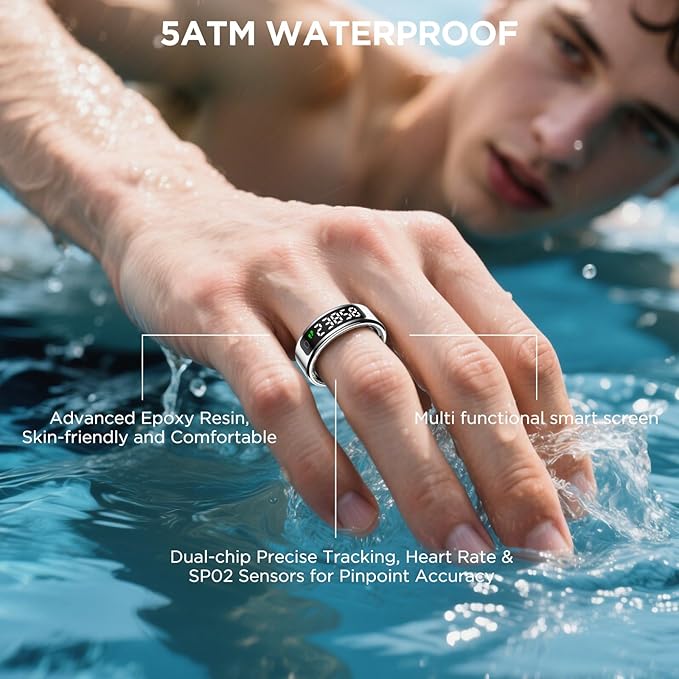 Smart Ring Health Tracker with Display Screen, Sleep Tracker with Heart Rate, Fitness Ring Step Tracker for Activity Monitoring/Steps/Calories,Wireless Charging, for iOS Android (Silver,9#)