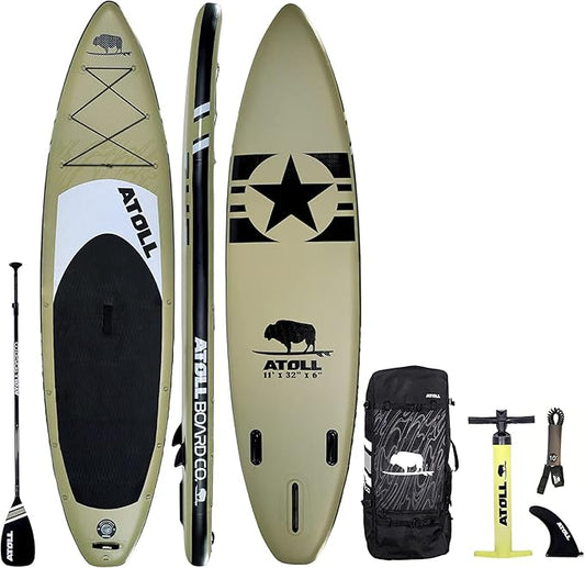 Atoll Inflatable Stand Up Paddle Board ISUP, Bravo Hand Pump and 3 Piece Paddle, Travel Backpack and Accessories New Leash Included Two Sizes - 11ft and 9ft