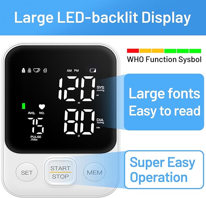 Blood Pressure Monitor Upper Arm Machine Accurate Adjustable Manual BP Cuff Kit Led Backlit Display 2 Users 240 Sets Memory Includes Storage Bag White