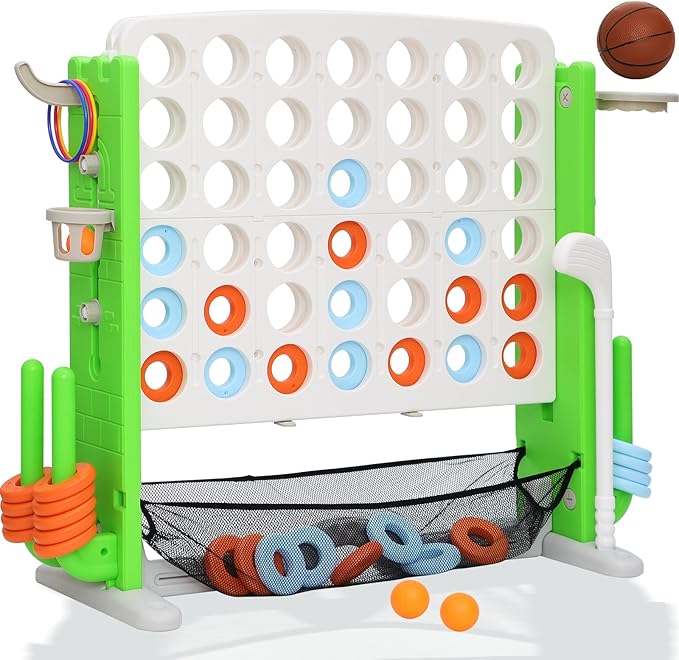 Giant 4 in A Row Game, Height Adjust Connect 4 Jumbo Yard Game Set for Kids & Adults with Mesh Catching Bag, Golf, Basketball Hoop & Ring Toss, 4-to-Score Games for Indoor/ Outdoor Fun