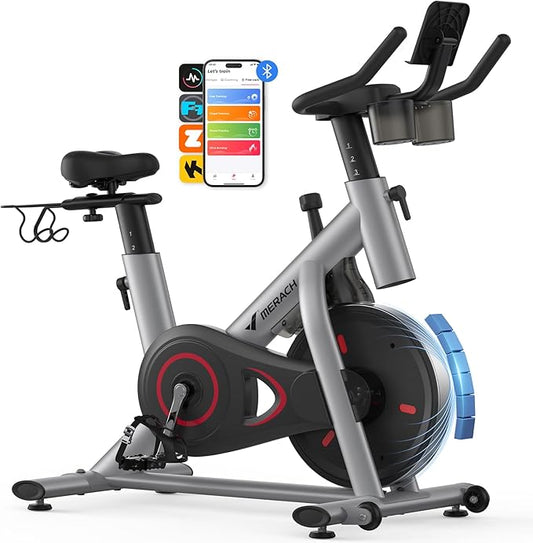 MERACH Exercise Bike, Brake Pad Stationary Bike with Exclusive App, Low Noise Indoor Cycling Bike with 300lbs Weight Capacity, Tablet Mount and Fitness Courses for Weight Loss