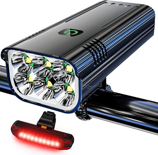 Upgrade Super Bright 6 LED Bike Light for Night Riding,3800 Lumens Aluminum Rechargeable Bicycle Light, 6000 mAh ，Runtime 48+hrs,10 Modes Waterproof Safety Bike Headlight Taillight for Outdoor Cycling