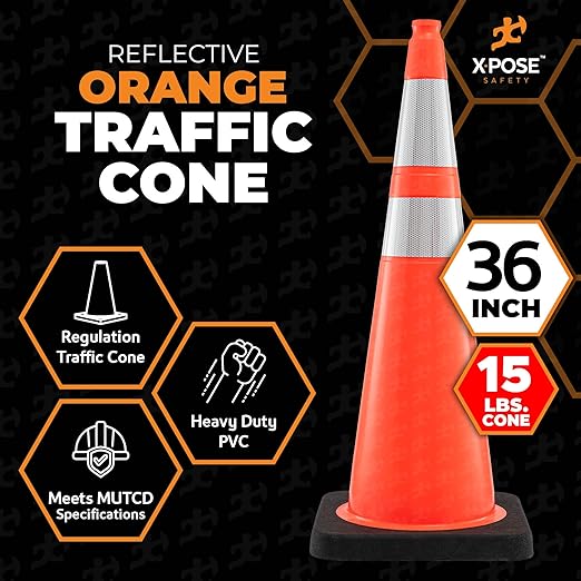 Xpose Safety 36 Inch Orange Traffic Cones Heavy Duty 15lb with 6" & 4" Collars, 12 Pack - Multipurpose PVC Plastic Safety Cone for Parking, Soccer, Caution, Kids and Construction - DOT Approved