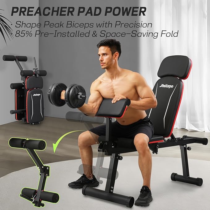 Upgraded Adjustable Weight Bench with Leg Extension and Leg Curl, 9 Back Positions & Foldable, 1200LB Workout Bench for Home Gym, Flat Decline Incline Bench for Full-Body Strength Training & Big Guys