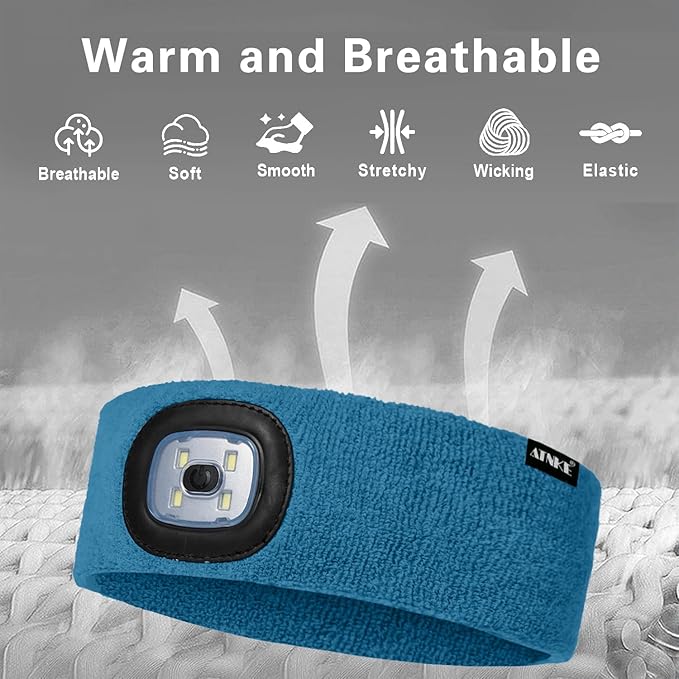 ATNKE 4 LED Lighted Sport Sweatband,USB Rechargeable Running Head Band Lamp High Stretch Wicking Gifts for Men and Women