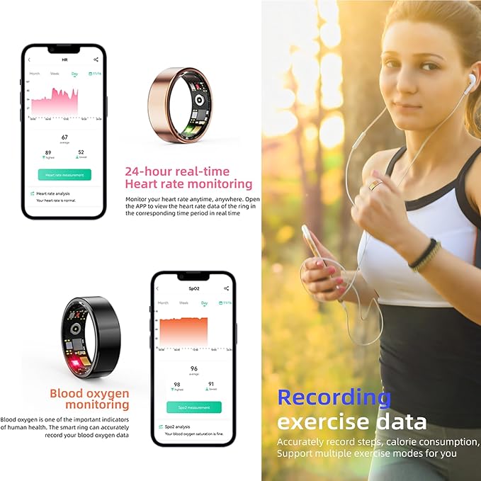 HitTopss Smart Ring, Fitness Tracking Smart Ring with Calories/Heart Rate/Blood Oxygen/Sleep Monitoring, IP68 Waterproof, No APP Subscription (Black, Size 8)