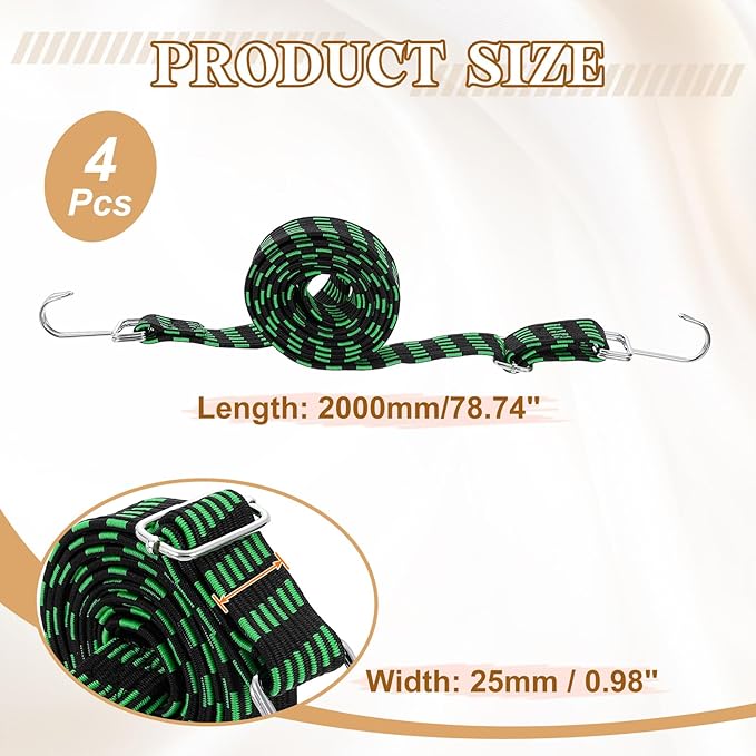 uxcell 4Pcs Adjustable Bungee Cords with Hooks, 79 Inch Flat Heavy Duty Elasticity Straps Rubber Bungee Cords with Buckle for Outdoor, Camping, Tarp, Bike Rack, Luggage, Black Green