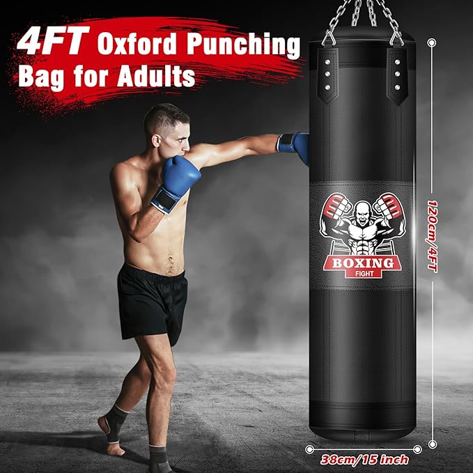 Punching Bag for Adults, 4FT PU Heavy Boxing Bags with Chain Ceiling Hook, Hanging Boxing Bag for Kickboxing Muay Thai Karate Judo Taekwondo Home Gym Training, Unfilled