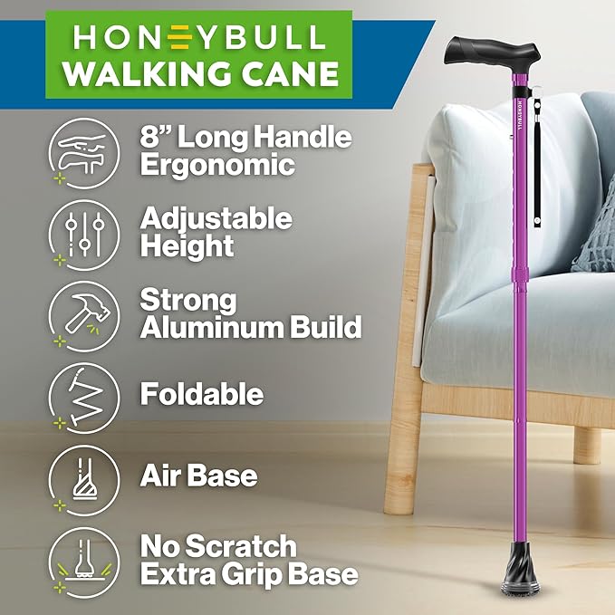 HONEYBULL Foldable Walking Cane for Seniors & Adults – Adjustable 8 Height Settings 30-37", Lightweight Collapsible Cane with Air Cushion Tip, Ergonomic Comfort Grip & Wrist Strap