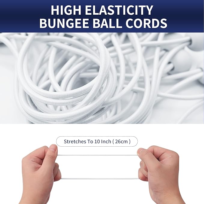 6 Inch Ball Bungee Cords, Heavy Duty UV Resistant Elastic Strap, Reusable Tie Down Cord with Balls, Indoor Outdoor Cords for Golf Net, Soccer Goals, Camping, Tent Poles, Hose (White, 20 Pack)