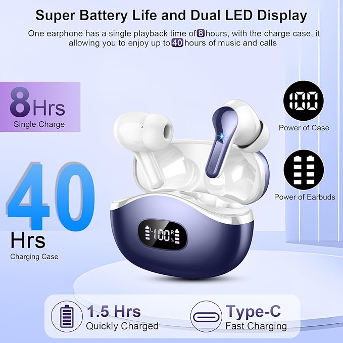 Wireless Earbuds, Bluetooth Headphones 5.4 HiFi Stereo Ear buds with ENC Noise Cancelling Mic, 40H Bluetooth Earbuds with Dual LED Display Charging Case, IP7 Waterproof Earphones for Android iOS, Blue