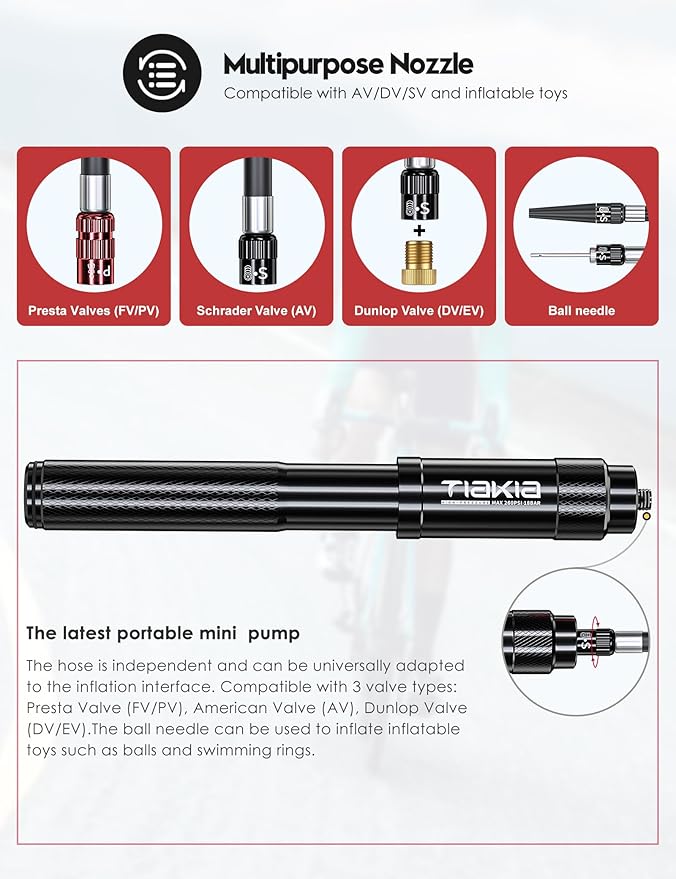 Tiakia Mini Bike Pump,Portable Compact Bicycle Pump,High Pressure Frame Pump 260PSI- Air Hand Pump Fit Presta, Schrader & Woods Valves,Aluminum Alloy Durable Tire Pump for Road/Mountain/BMX Bikes