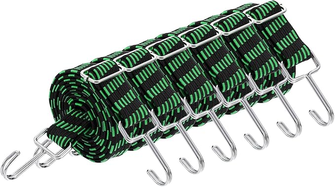uxcell 6Pcs Adjustable Bungee Cords with Hooks, 79 Inch Flat Heavy Duty Elasticity Straps Rubber Bungee Cords with Buckle for Outdoor, Camping, Tarp, Bike Rack, Luggage, Black Green