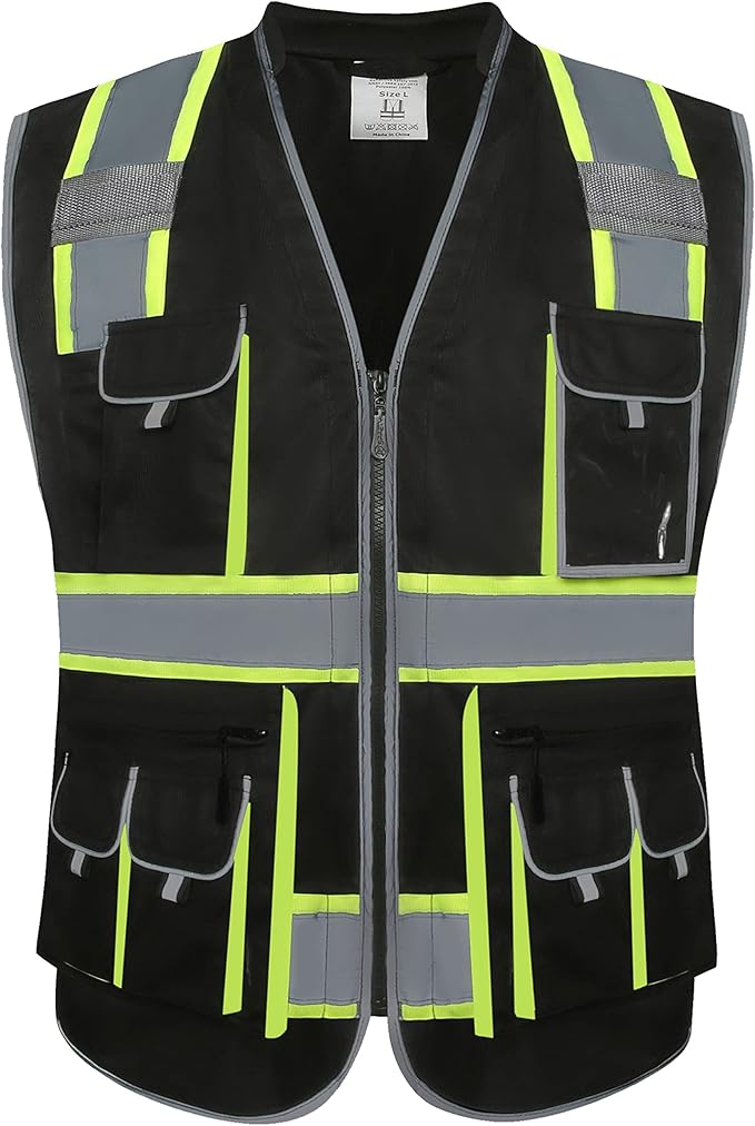 JKSafety 10 Pockets Hi-Vis Zipper Front Black Safety Vest | Cushioned Collar | High Reflective Tapes with Extended Neon Yellow Strips | Meets ANSI/ISEA Standards (4X-Large, 89-Black)