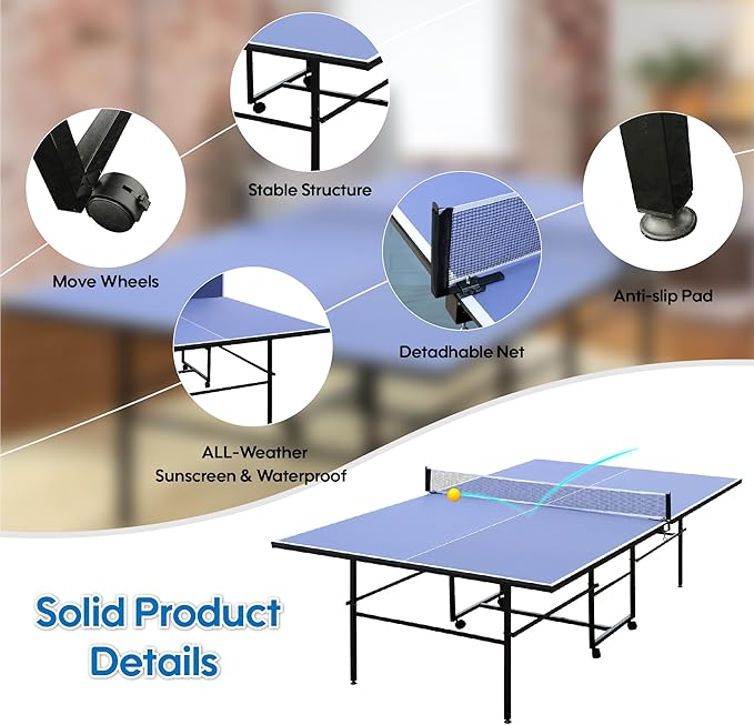 Portable Ping Pong Table, Mid-Size Foldable Table Tennis Table w/Net, 2 Paddles, 3 Balls, Table Tennis Table for Indoor Outdoor, Ping Pong Tablefor Kids Family Holiday Sports