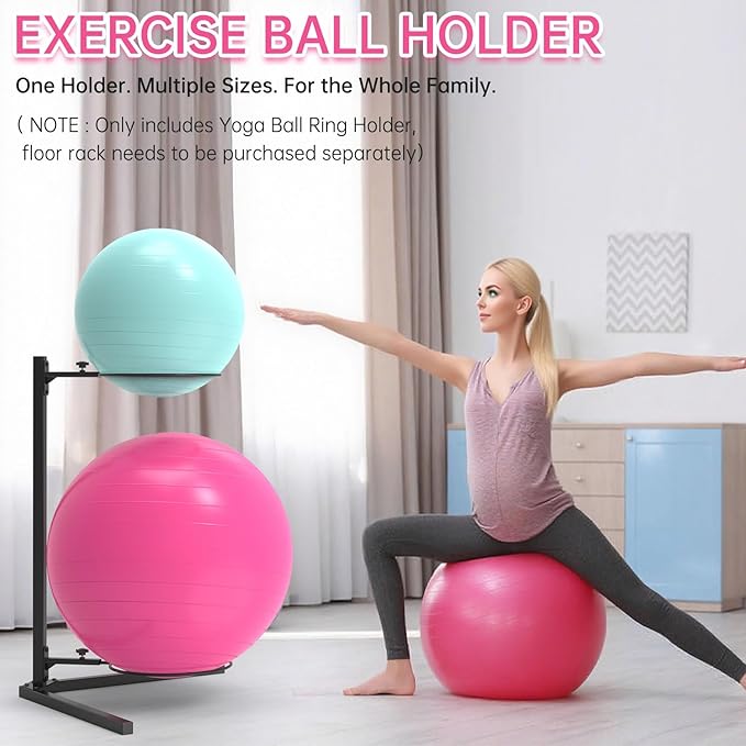 Universal Wall-Mounted Exercise Ball Holder - Adjustable Yoga Ball Storage Rack for 14 to 30 Inch Stability Balls, Heavy-Duty Metal Wall Mount with 12-Inch Diameter Ring, Space-Saving Design