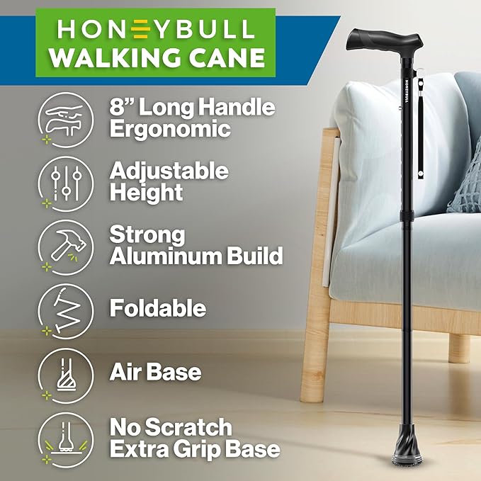 HONEYBULL Foldable Walking Cane for Seniors & Adults – Adjustable 8 Height Settings 30-37", Lightweight Collapsible Cane with Air Cushion Tip, Ergonomic Comfort Grip & Wrist Strap