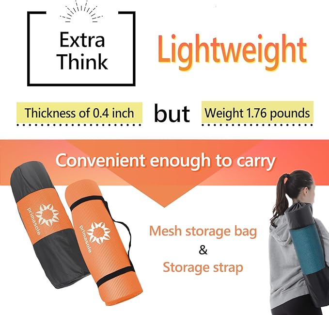 0.4Inch Extra Thick NBR Yoga Mat with Enhanced Stability - Textured Design, Lightweight Mat with Carrying Strap & Case for Yoga, Pilates, Gym & Home Use (Orange)