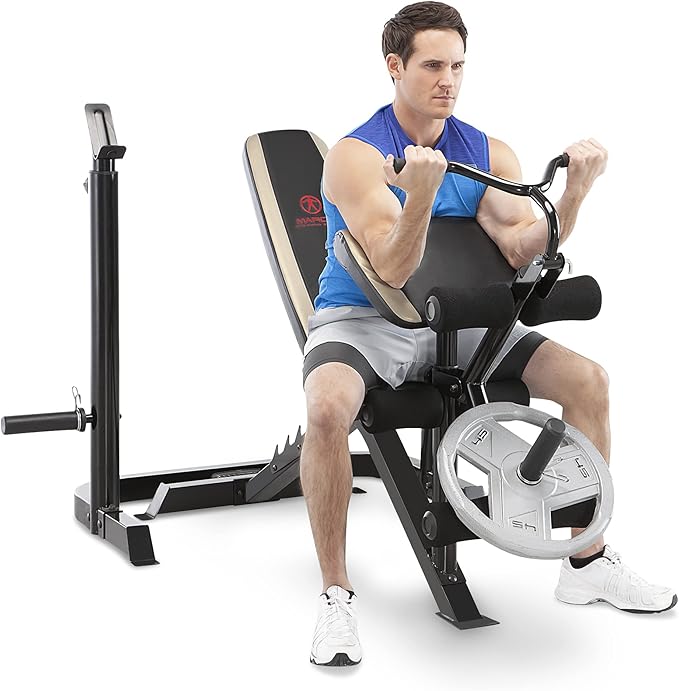 Marcy Olympic Workout Bench for Home Gym Strength Training Equipment with Preacher Curl Pad and Weight Rack Storage, White/Black