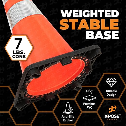 Xpose Safety 28 Inch Orange Traffic Cones with 6" & 4" Collars, 48-Pack - Multipurpose PVC Plastic Safety Cone for Parking, Soccer, Caution, Kids and Construction - DOT Approved