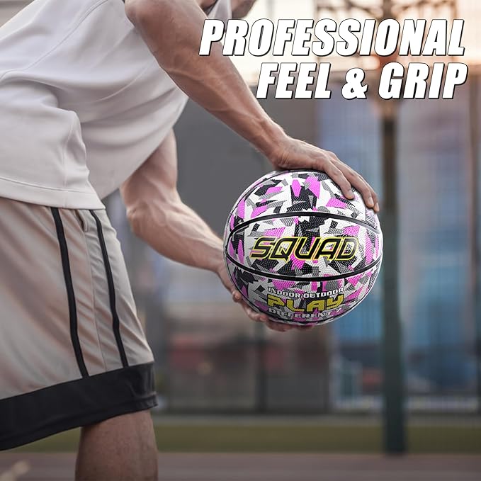 SQUAD Colored Camo Outdoor Basketball - High-Performance Rubber Basketball, Official Regulation Size 7 (29.5''), Includes Pump and Mesh Bag