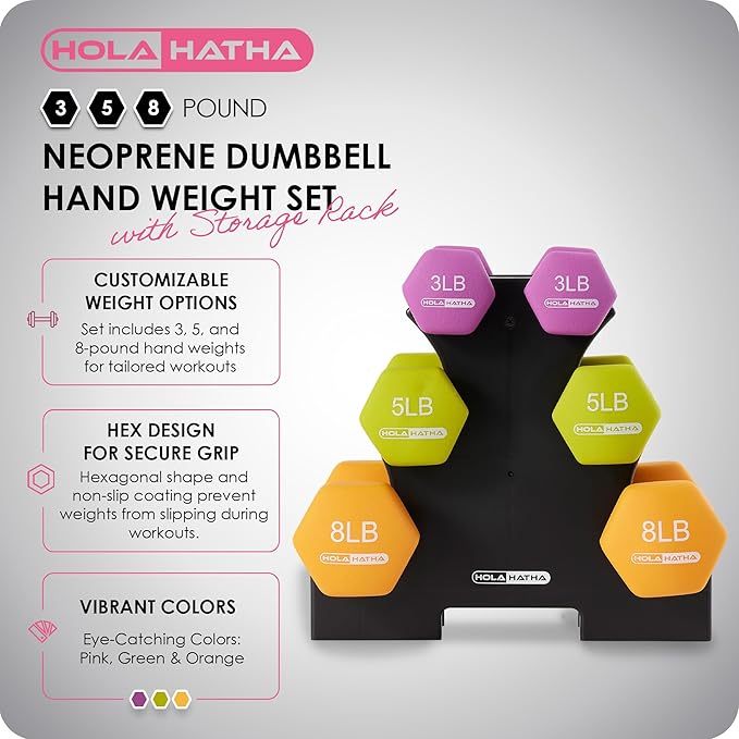 HolaHatha 2, 3, 5, 8, and 10 Pound Neoprene Dumbbell Free Hand Weight Set with Rack, Ideal for Home Exercises to Gain Tone and Definition, Pastel