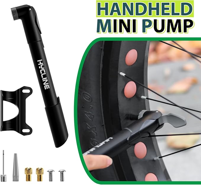 Hycline Mini Bike Pump - 120 PSI Portable Bicycle Frame Pump for MTB BMX Road Tires, Air Ball Pump Inflator with Ball Pump Needles Fits Presta & Schrader Valve