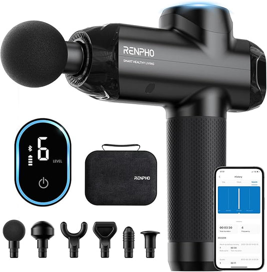 RENPHO Massage Gun Deep Tissue with Bluetooth, Percussion Muscle Massage Gun with 12mm Amplitude for Athletes, Portable Electric Handheld Massager Gun, LED Touch Display