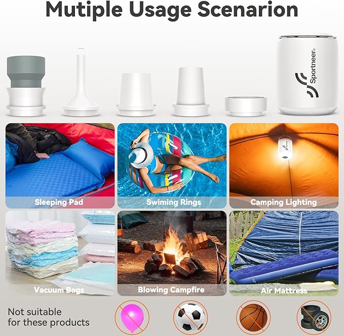 Sportneer Mini Air Pump: 1600mAh Rechargeable Air Pump for Inflatables with Hook, Magnetic and Light Function, Air Mattress Pump for Pool Floats, Sleeping Pads, Swimming Ring, Vacuum Storage Bags
