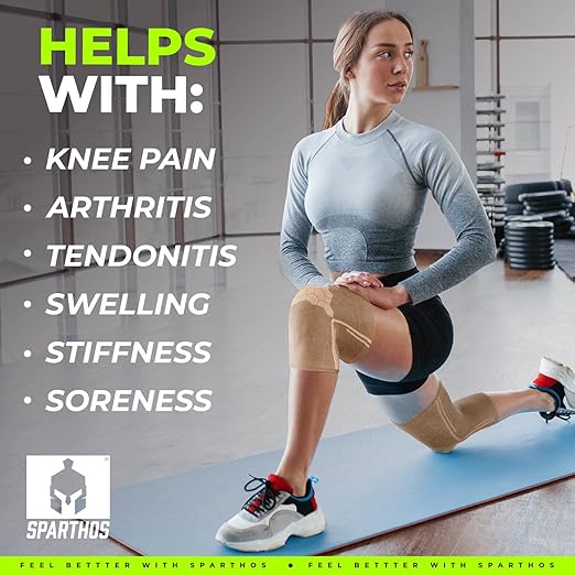 Sparthos Knee Compression Sleeves by (Pair) – Support for Sports, Running, Joint Pain Relief – Knee Brace for Men and Women - Walking Cycling Tennis Workout - Check Size Chart (Beige-S, 7-8″ Thigh)