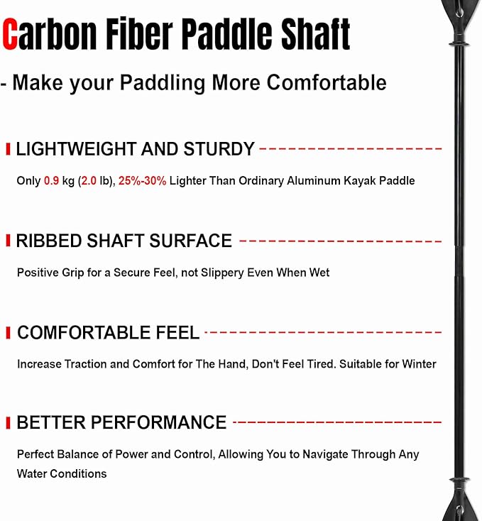 Kayak Paddle Premium Carbon Fiber Paddle with Reinforced PP + Fiberglass Blade, Floating Adjustable Kayaking Oars, 3 Piece, 220-240 cm/86-94 Inches, 240-260 cm/94-102 Inches