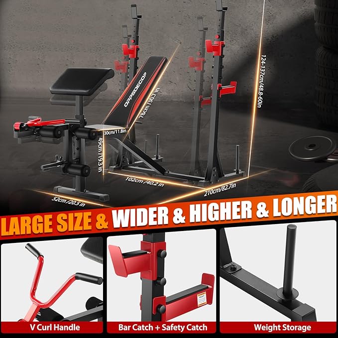 OPPSDECOR Professional Weight Bench Set with Barbell/Squat Rack, 900LBS Heavy Duty Bench Press Set with Leg Curl/Extension and Preacher Curl, Adjustable Full-Body Workout Bench for Home Gym Fitness